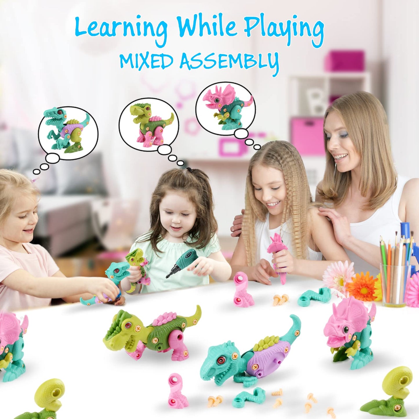 FREE TO FLY Dinosaur Toys for 3 4 5 6 Years Old Girls, Take Apart Dinosaur Learning Toys for Kids 3-5 5-7, STEM Building Construction Set with Electric Drill, Birthday Ideas