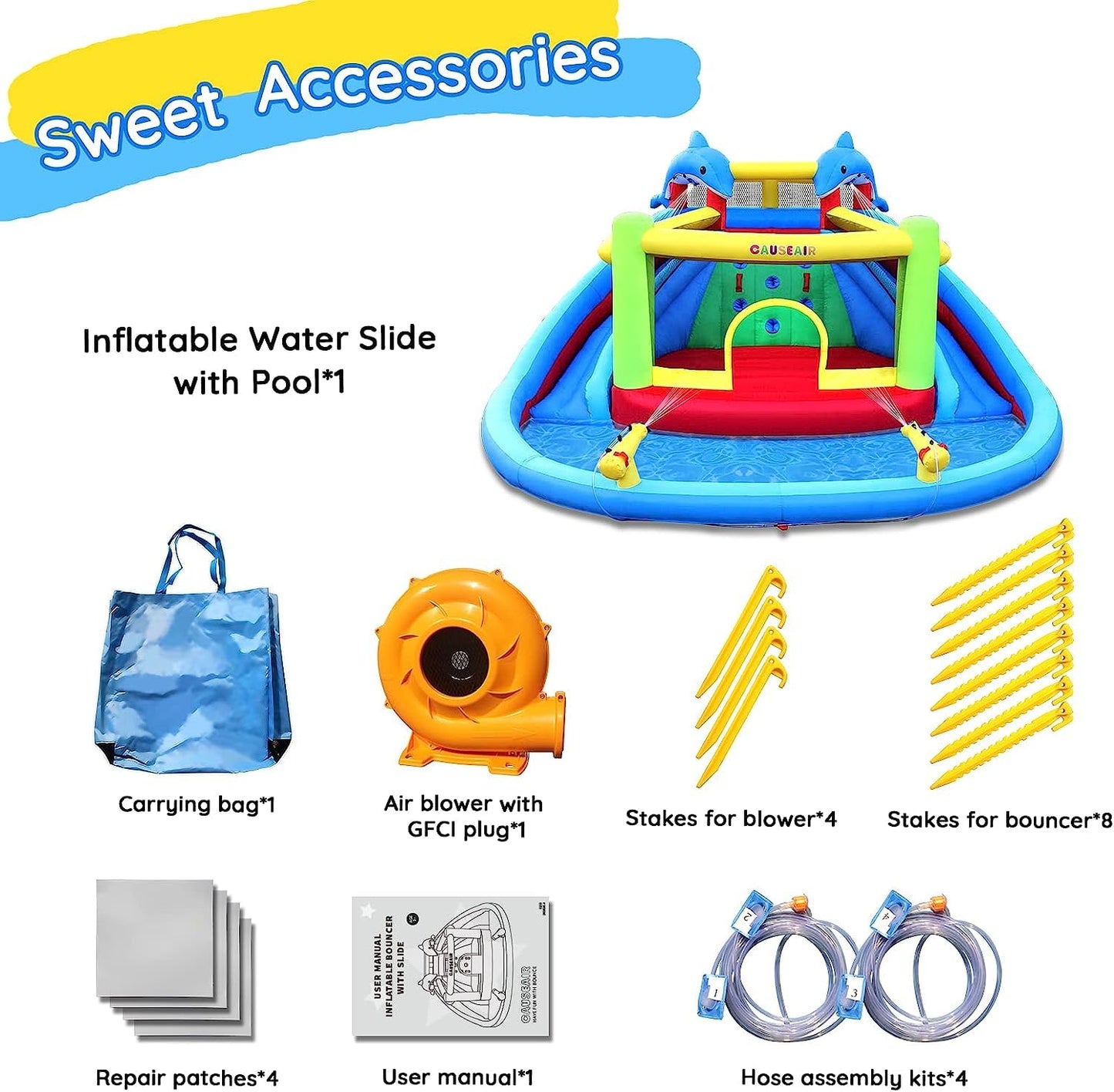 Causeair Inflatable Bounce House with Slide,Dolphin Styling,Splashing Pool,Double Water Cannon,Climbing Wall,Heavy Duty GFCI Blower,Inflatable Water Park Slide for Kids Backyard Summer