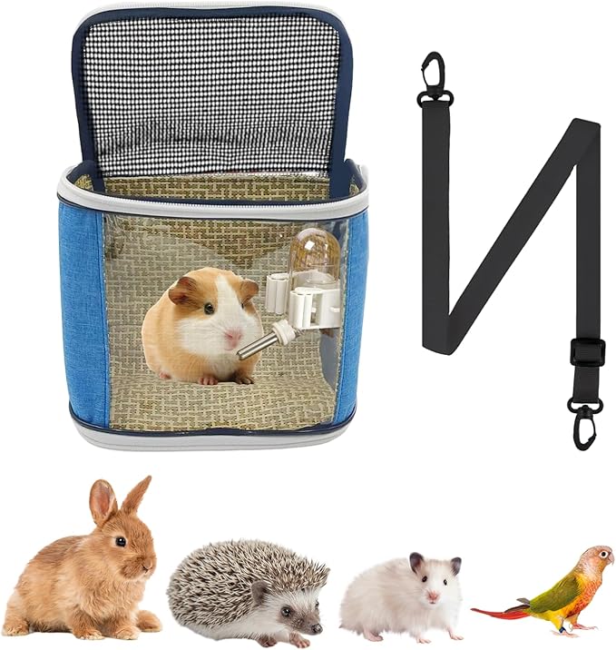 Guinea Pig Carrier Bag with Water Bottle,Travel Portable Small Animal Carrier Sling Pouch, Clear Window Carrier Backpack for Hamster Bunny Gerbil Hedgehog Sugar Glider Lizard Bird.(Blue)