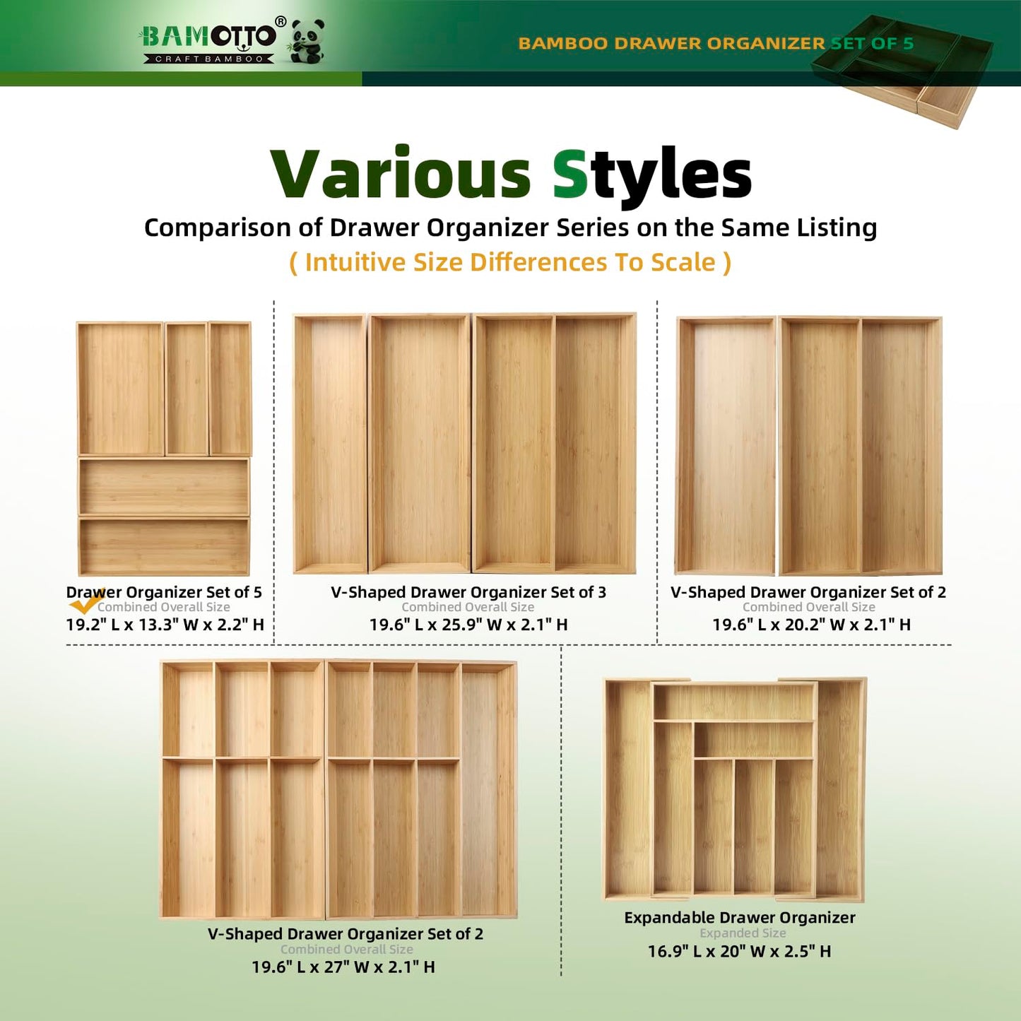 BAMOTTO CRAFTBAMBOO Stack Bamboo Drawer Organizer Set of 5, Kitchen Utensil, Flatware&Silverware Organizer-Wood Laminated Stackable for Kitchen, Bedroom, 13.4''x4.5''*2+10.2''x3.3''*2+10.2''x6.7''*1