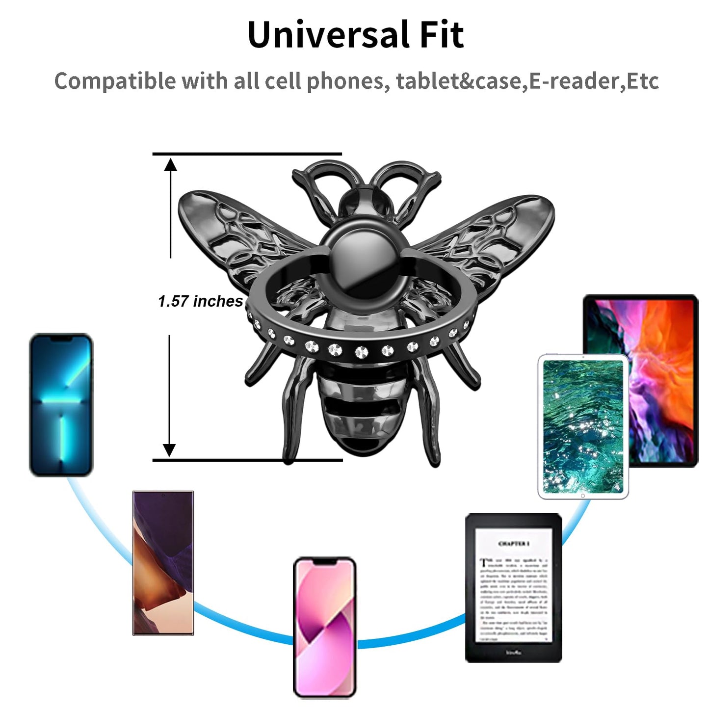 TACOMEGE Bee Cell Phone Ring Holder gift for girls women, Crystal Finger Ring Kickstand Compatible with Smartphone, Tablet, E-reader (Black)