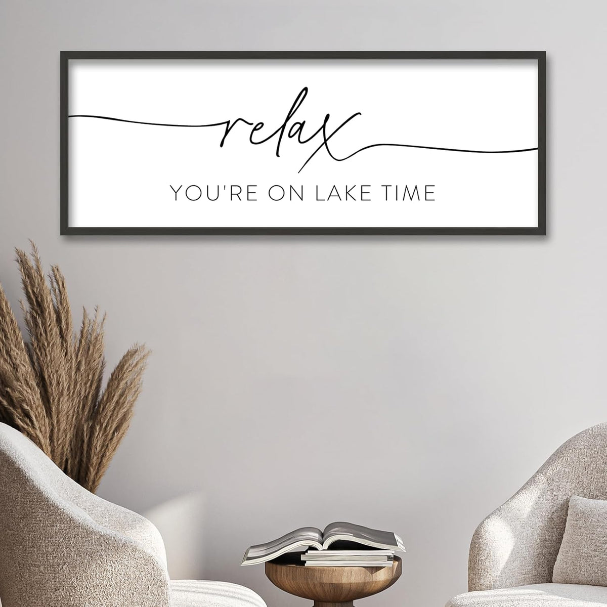 SRSZHIYUE Relax You're On Lake Time Wall Decor Above Bed Sign 32"×12" for Lake House Bedroom Over Bed Large Wood Framed Hanging Art (Black)
