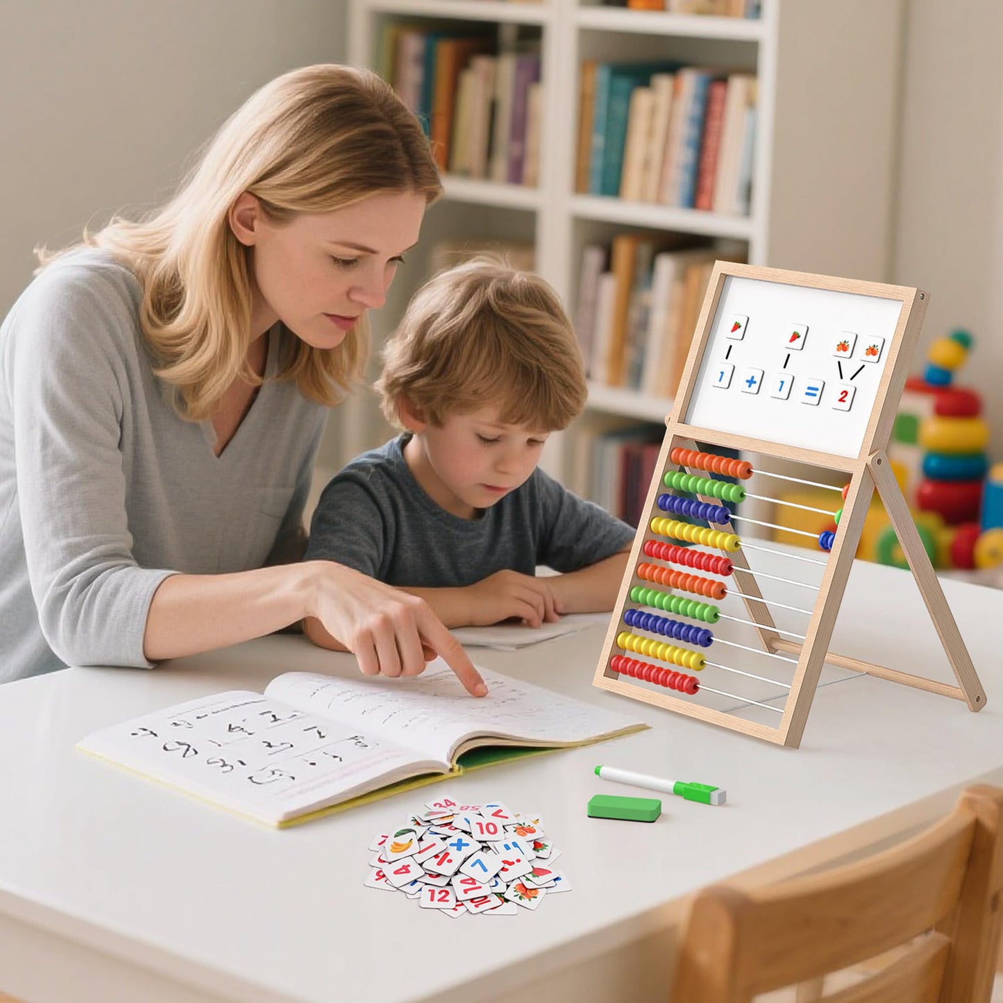 Gotoofun Wooden Abacus for Kids Math - Double-Sided Blackboard Whiteboard for Toddlers with 308 Magnetic Number & Fruit Cards, 100 Counting Sticks Montessori Educational Toys Homeschool Essentials