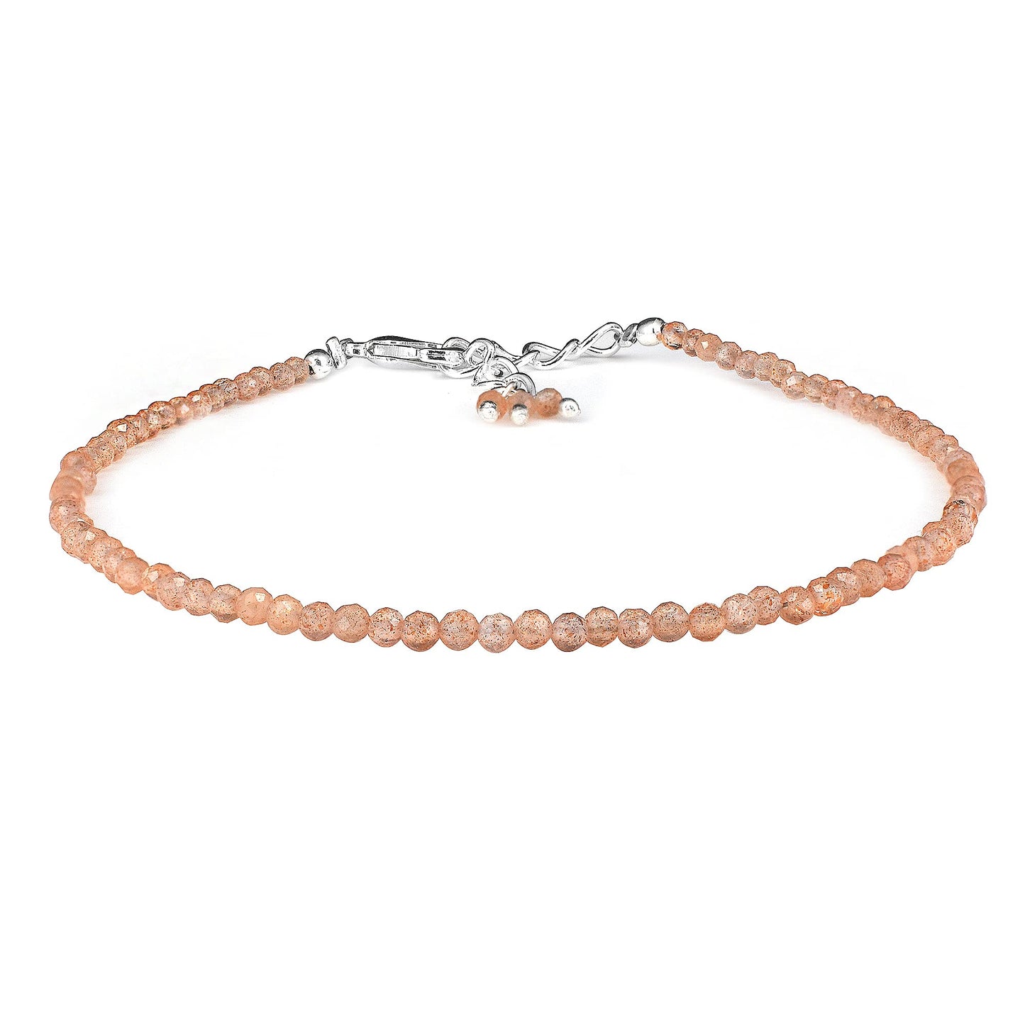 Gempires Handmade Sunstone Gemstone Beaded Bracelet for Women | 2.4โ2.5 mm Faceted Natural Stone | Adjustable 7+1 Inch Silver Plated Chain | Dainty Minimalist Stacking Jewelry | Orange Sparkle Stone Gift