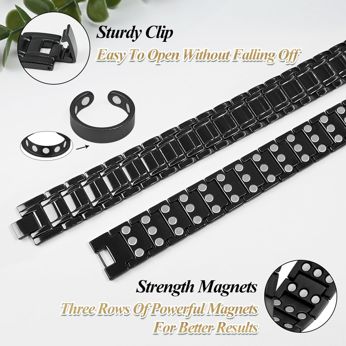 Vicmag Copper Magnetic Bracelet for Men, 3X Strength Magnets, Pure Copper Bracelet & 9X Magnet Ring Set, Adjustable Fit with Sizing Tool(Classic Black)