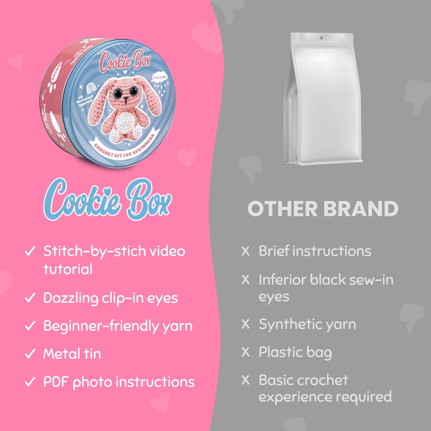Cookie Box Original Crochet Kit for Beginners β Gift Set to Make Bunny Lola Amigurumi Plushie β Easy DIY Crochet & Knitting Starter Kit with Video and PDF Tutorials