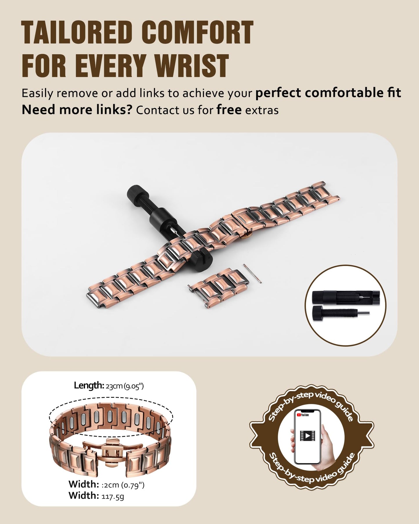 Jecanori 5X Pure Copper Magnetic Bracelet for Men - Upgraded Magnets & Butterfly Clasp, Adjustable Length with Sizing Tool