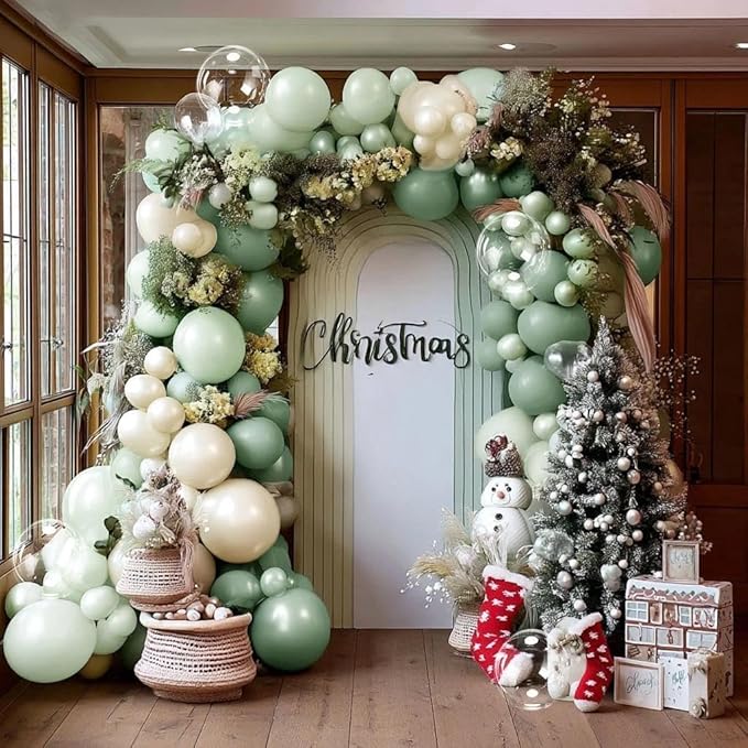 Dusty Green Balloon Arch Kit, Double Stuffed with Clear Bobo – Pearl Sage Green, Sand White, Beige & Transparent Balloons for Bridal, Baby Shower & Wedding