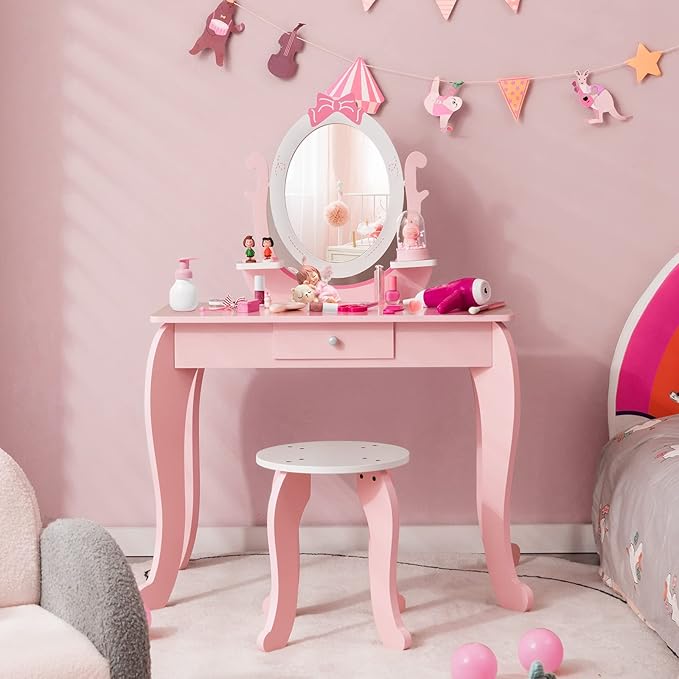 KOTEK Pink Kids Vanity Set, 2-in-1 Makeup Vanity Desk with Detachable Top & 360° Rotating Mirror, Stool and Drawer, Bow Pattern for Little Girls, Princess Dressing Table for Toddler 3-7