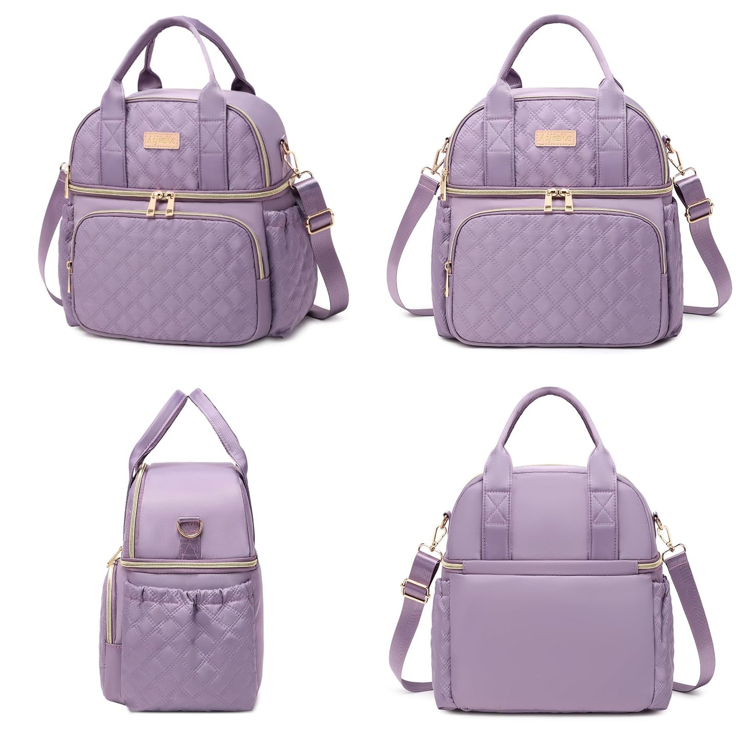 AIJIEKE Large Insulated Lunch Bag for Women, Double Compartment Leakproof Lunch Box for Work Office, Reusable Cooler Tote with Adjustable Strap & Side Pockets for Adults Picnic Beach, Purple