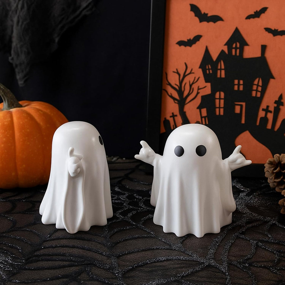 Halloween Ghost Figurine Halloween Desk Ornaments Funny Gestures Spooky Ghost Statue Cartoon Cute Mini Resin Spooky Ornaments for Holiday Home and Office Decorations