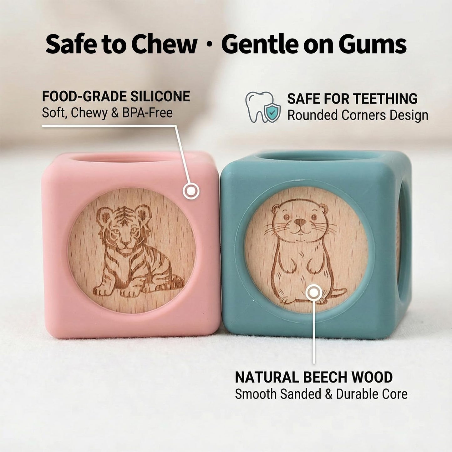 Little Rawr 9 Pcs Baby Silicone & Wooden Stacking Blocks, Food-Grade Silicone Baby Toy with Natural Wood Inserts, Soft Chewable Montessori Blocks for Toddlers, Animal Learning Toy