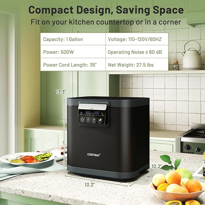 COSTWAY 4L Electric Composter for Kitchen, Smart Waste Dispenser Countertop Compost Machine w/Replaceable Filters, Auto-Cleaning, LED Display, Indoor Compost Bin, Turn Food Waste to Dry Fertilizer