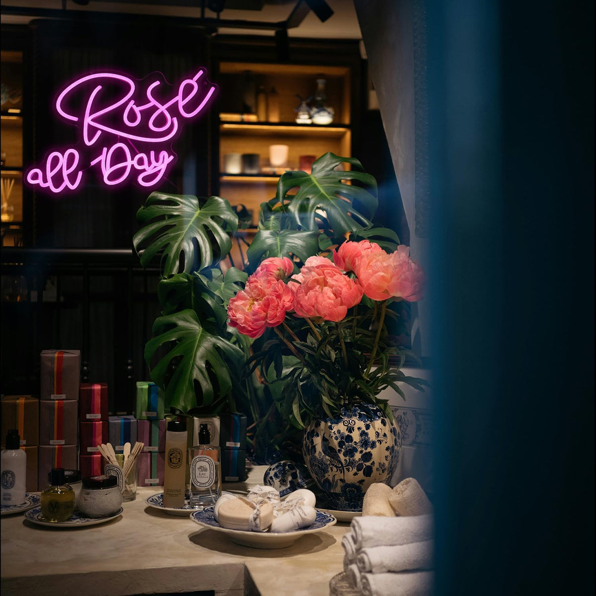 Rose All Day Neon Sign LED Pink Rose Neon Light For Wall Decor Dimmable USB Words Light Up Sign for Bedroom Wedding Party Atmosphere Decor Lovers Gift(12.2 * 16.1 In)