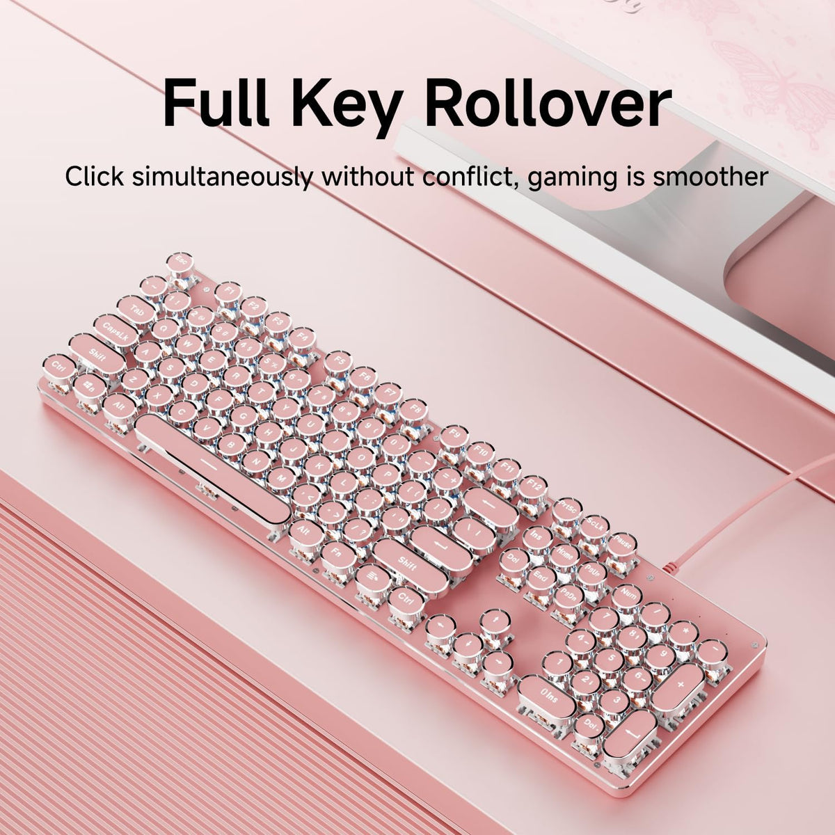 EWEADN TK100 Typewriter Keyboard Wired Mechanical Keyboard, 104 Keys Aesthetic Typewriter Keyboards with White Backlit, Anti-Ghosting, Blue Switch Wired Cute Keyboards-Pink