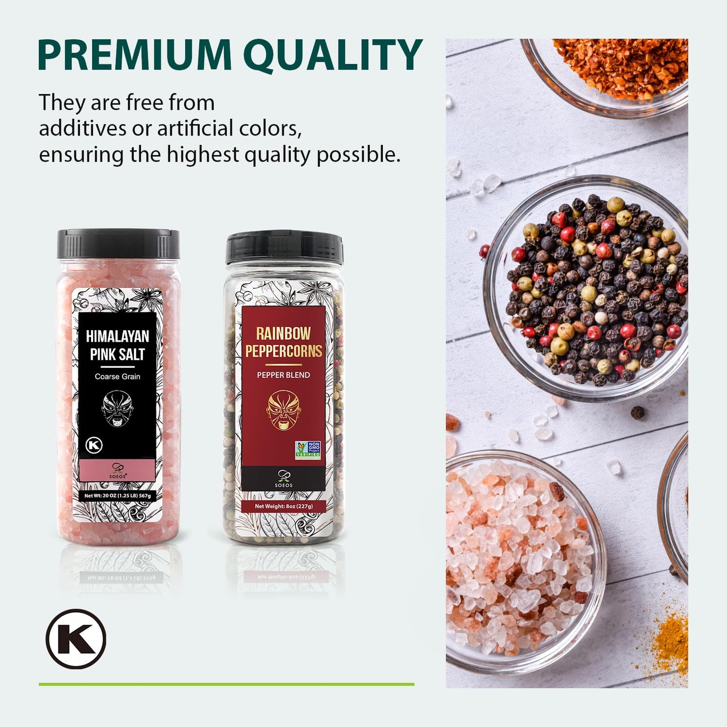 Soeos Himalayan Pink Salt and Rainbow Peppercorn Grinder Refills, 18oz Salt & 8oz Peppercorns, Kosher Seasoning Set for Cooking