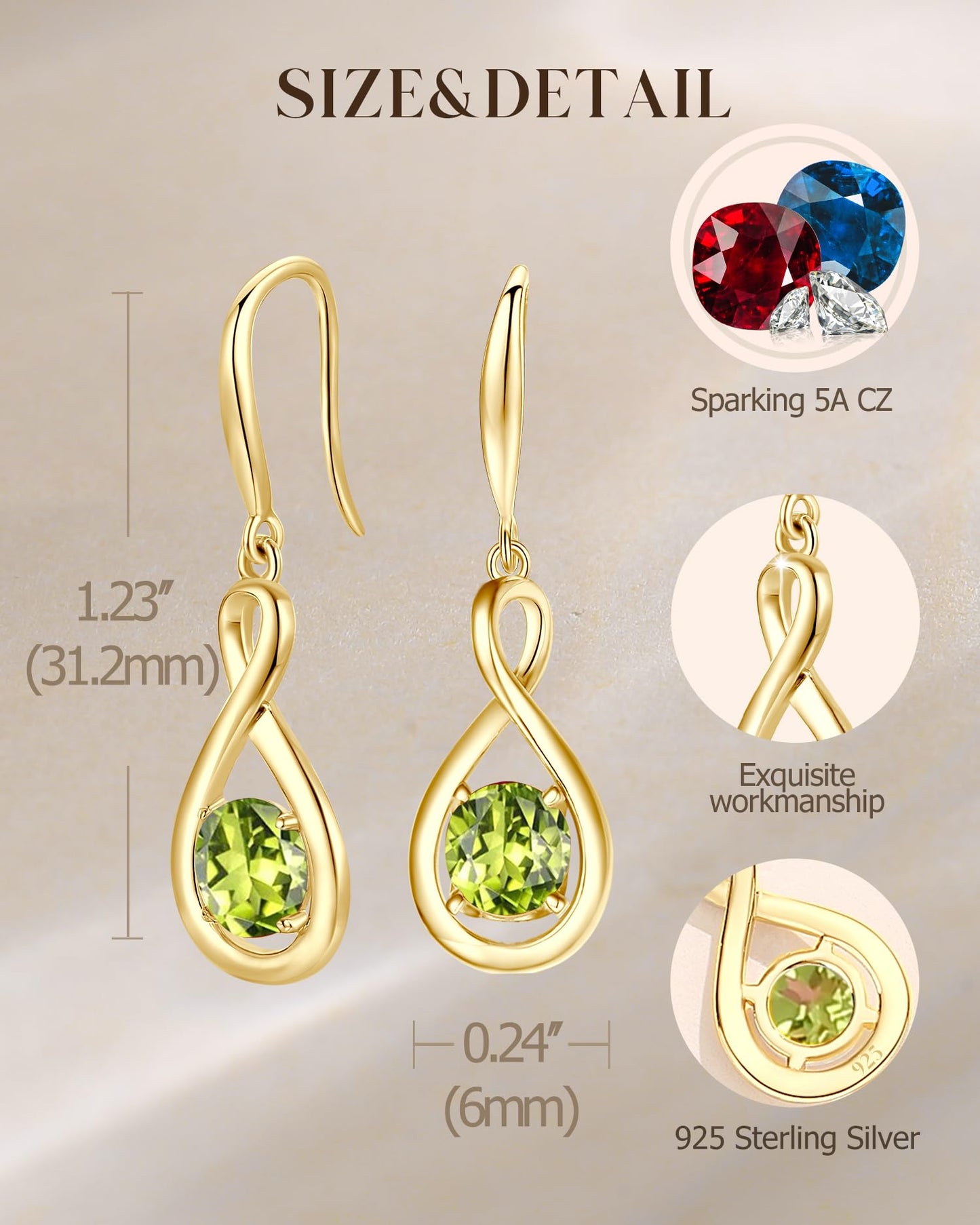 FANCIME Peridot Dangle Drop Earrings 925 Sterling Silver Yellow Gold Plated Dainty Infinity Green Gemstone August Birthstone Earring Fine Jewelry Birthday Mothers Day Gifts for Women Her