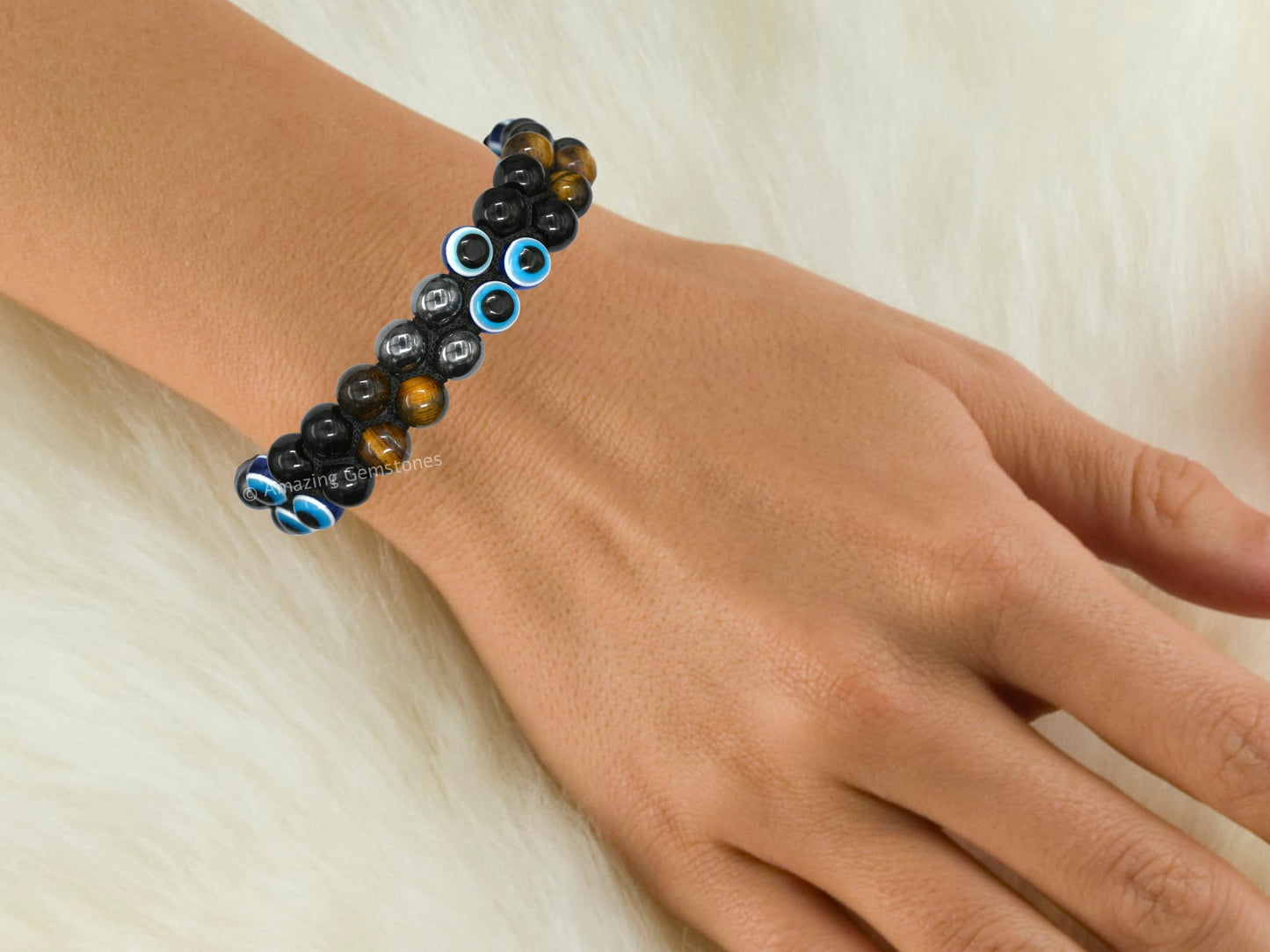 Amazing Gemstone Evil Eye Ultimate Protection Bracelet - Multi Triple Protection Bracelet unisex - Hematite, Tiger Eye, Black Obsidian Bracelet Set Healing Stones Pulseras Para Hombres Mujer