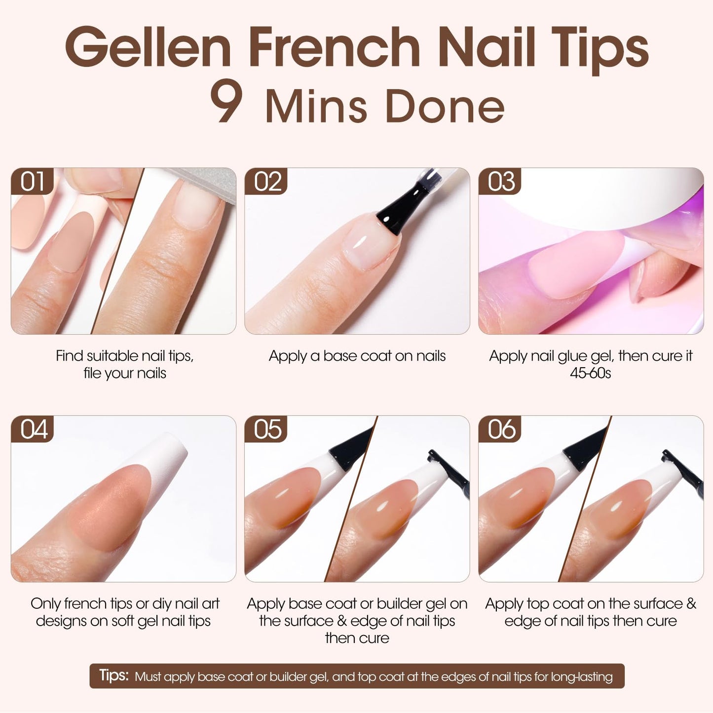 Gellen French Soft Gel Nail Tips - 150 pcs White French Tip Short Press on Nails Brown Square Shape, 3 in 1 Pre-french Gel Nail Tips 15 Sizes, Need Curing Under U V Light