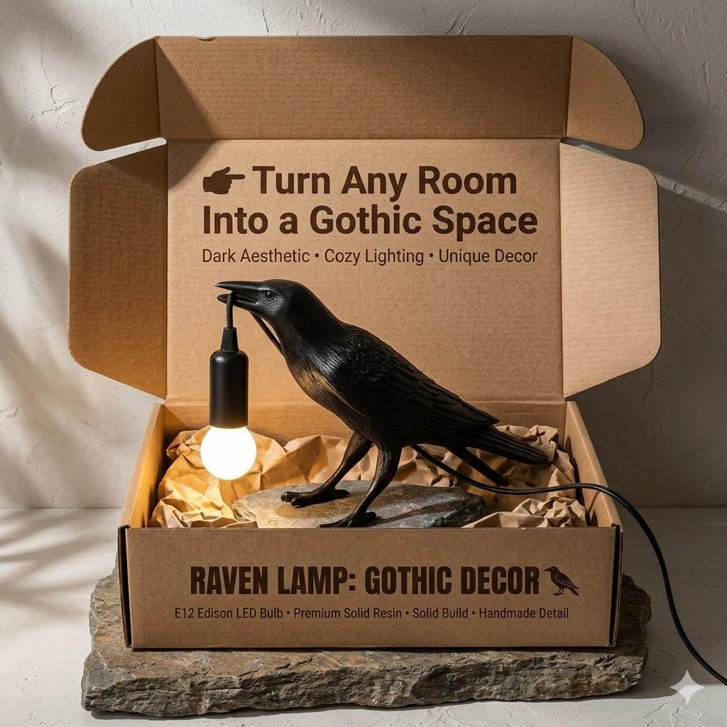 Shandaglo Raven Lamp Gothic Decor, Black Crow Table Lamp with LED Bulb, Unique Dark Aesthetic Night Light for Bedroom Desk, Halloween Home Decoration Gift