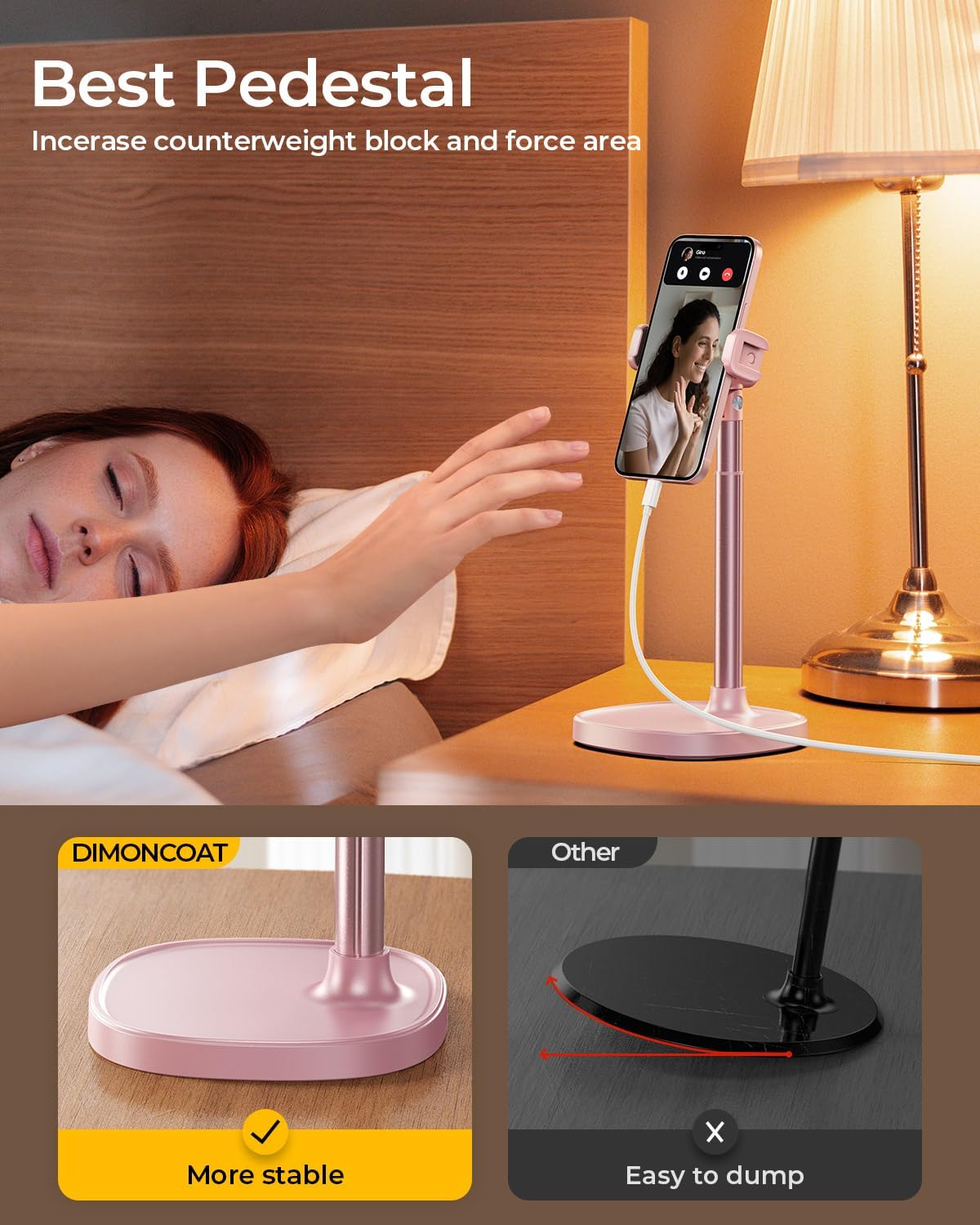 DIMONCOAT Phone Stand for Desk, Angle Height AdjustablePhone Holder for Desk, Aluminum Alloy Universal iPhoneStand Holder, Retractable Cell Phone Stand Recording Office for iPhone 16 15 Pro Max -Pink