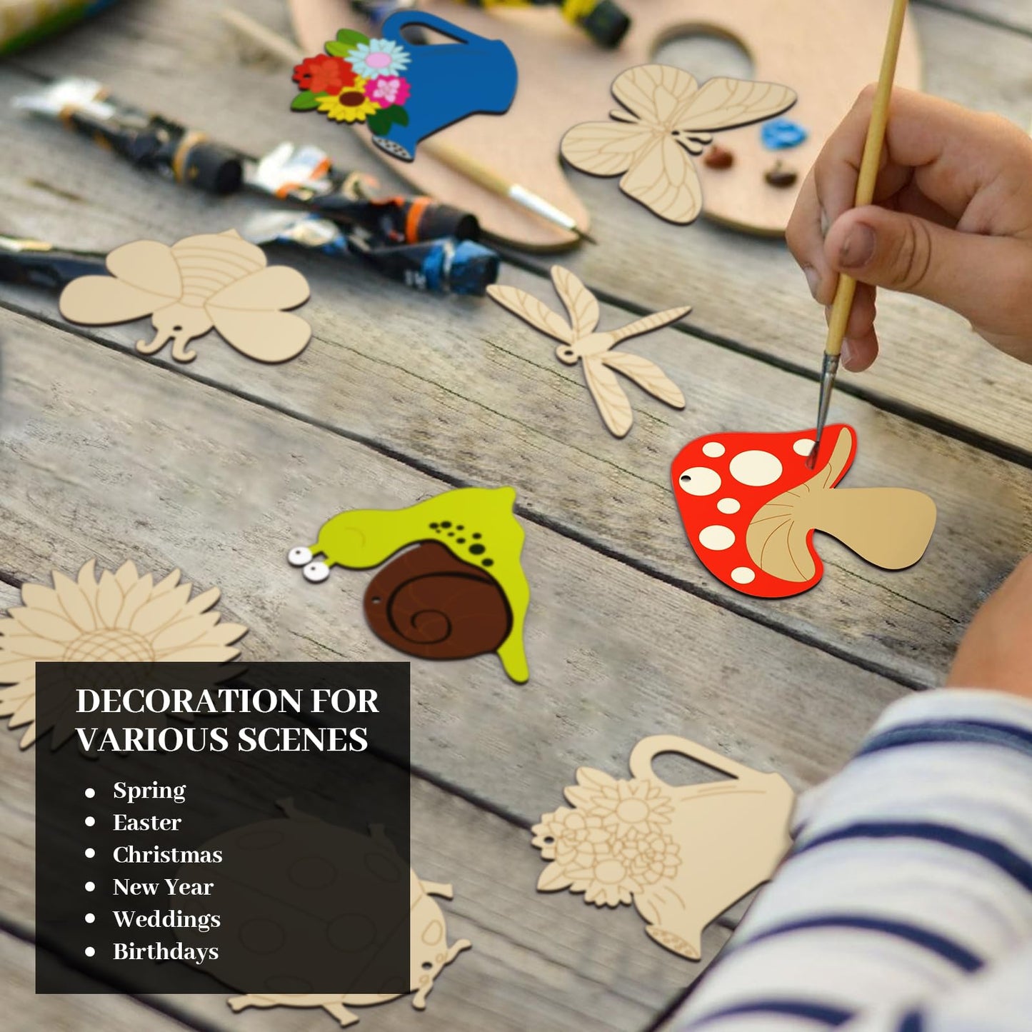 Subacy 80 PCS Unfinished Wood Cutouts 8 Styles DIY Wooden Spring Ornaments, Wooden Art Craft Painting Kit for Kids, Birthday Easter Creativity Arts & Crafts, Spring Themed Shape