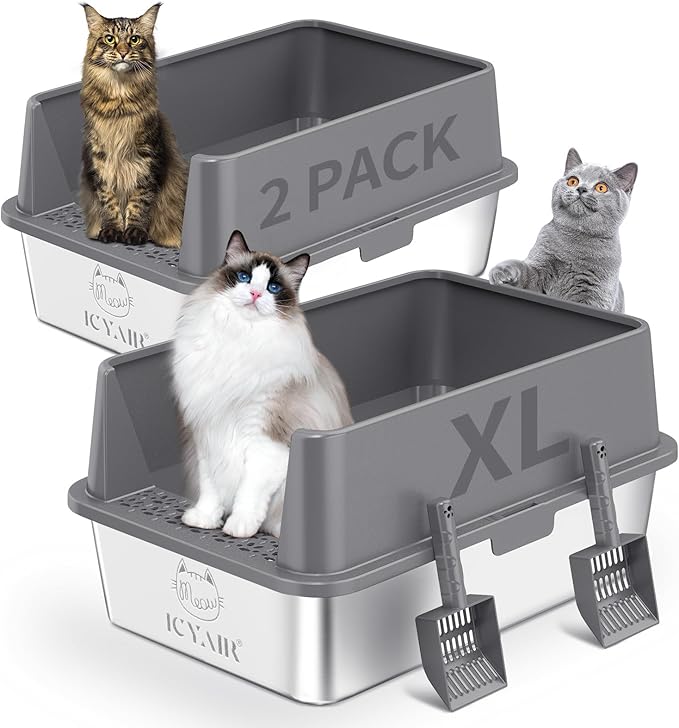 2PACK Stainless Steel Cat Litter Box with High Sides Lid, XL Litter Box for Big Multiple Cats, Extra Large Metal Kitty Litter Boxes with Anti-Leakage Enclosure, Non-Stick,Odorless,Scoop Included