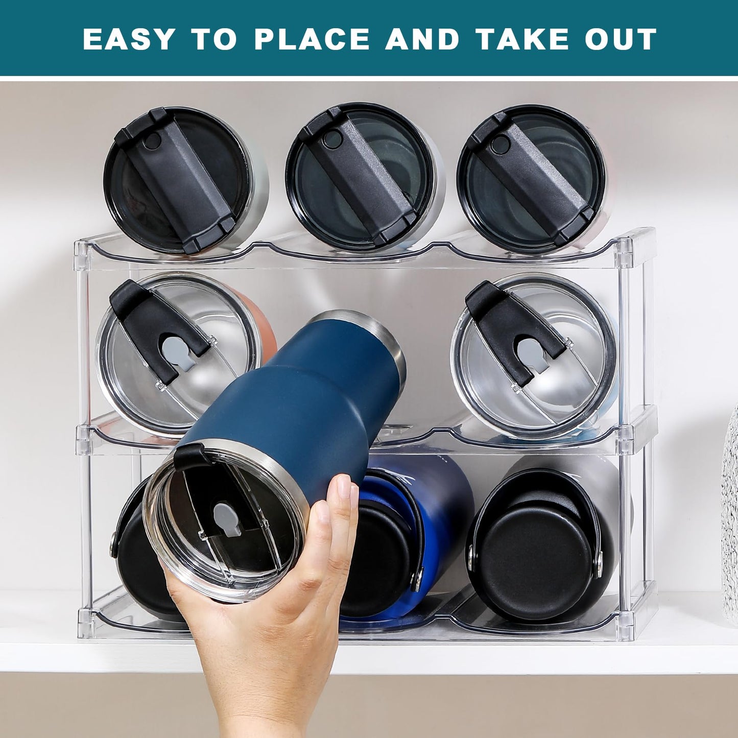 LARGER Compartment - Stackable Water Bottle Organizer Holder - for Stanley & Others' Large Tumbler - Clear Wine Rack, Cup Bottle Holder for Cabinet Home Countertop Fridge Pantry Shelf, 3 Tier Hold 9