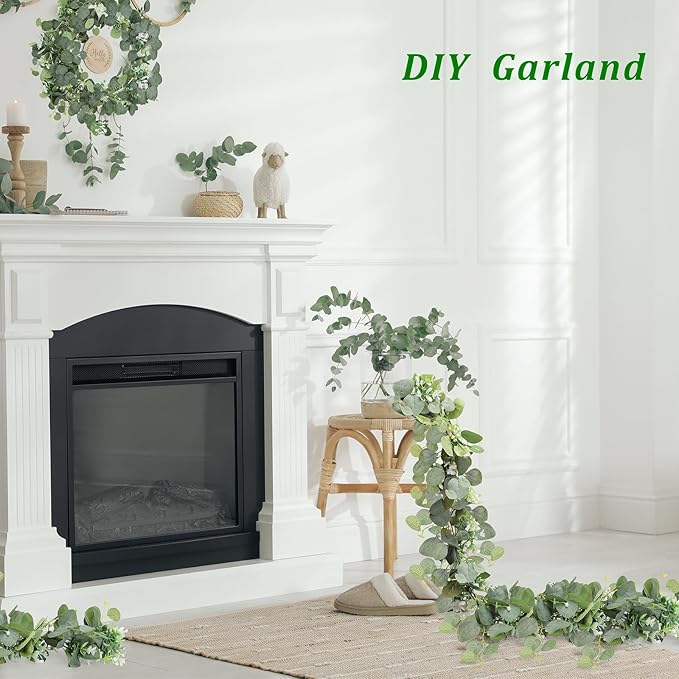 N&T NIETING 1 Pack Artificial Eucalyptus Garland with Lights, 6FT Artificial Greenery Garlands, Battery Operated Twig Vine for Room Stairs Mantle Wedding Holiday Easter Decoration Indoor Outdoor