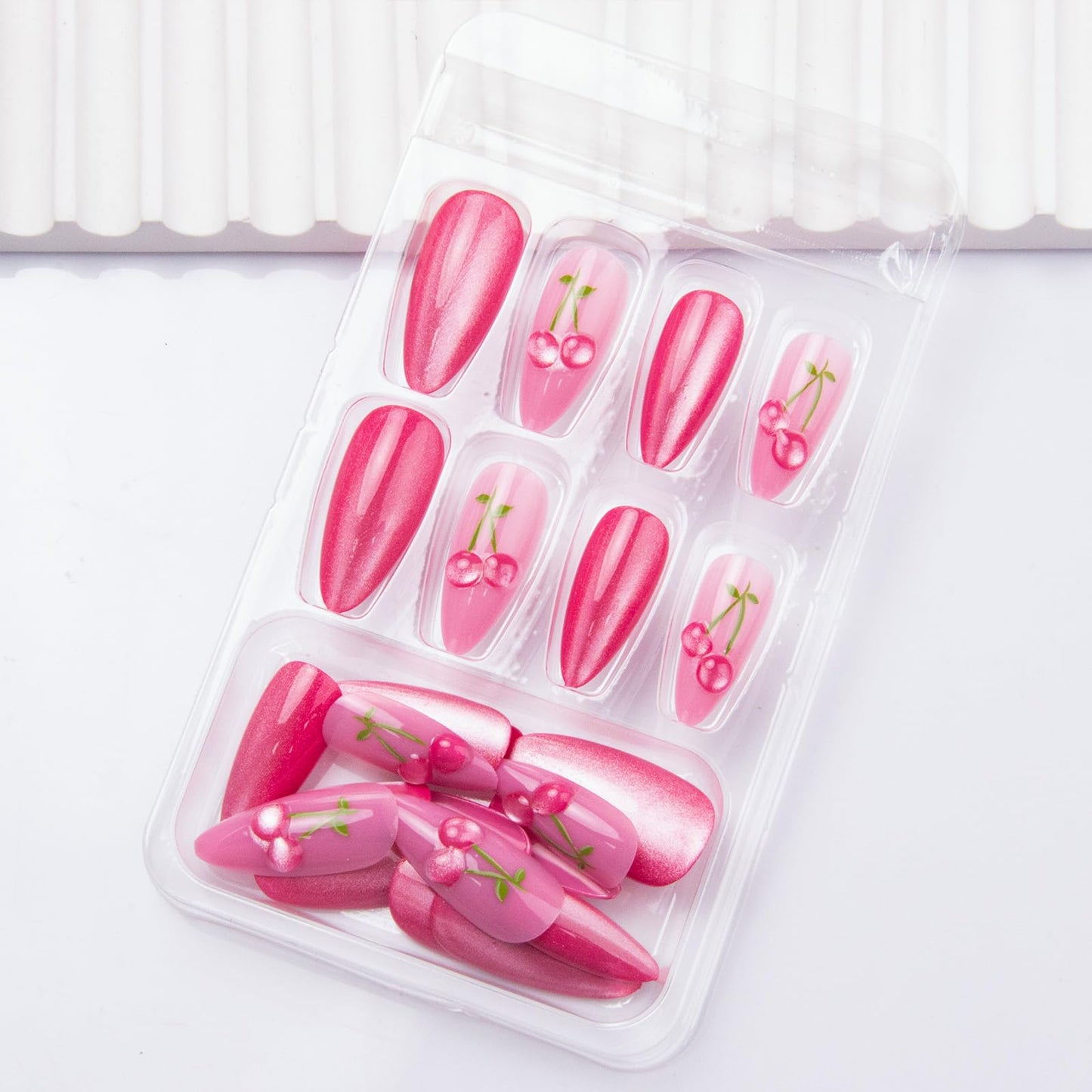 Almond Press on Nails Pink Cat Eye Fake Nails Medium Cherry False Nails Press ons Glossy Cute Acrylic Nails Shiny Summer Glue on Nails for Women Nail Decoration 24Pcs