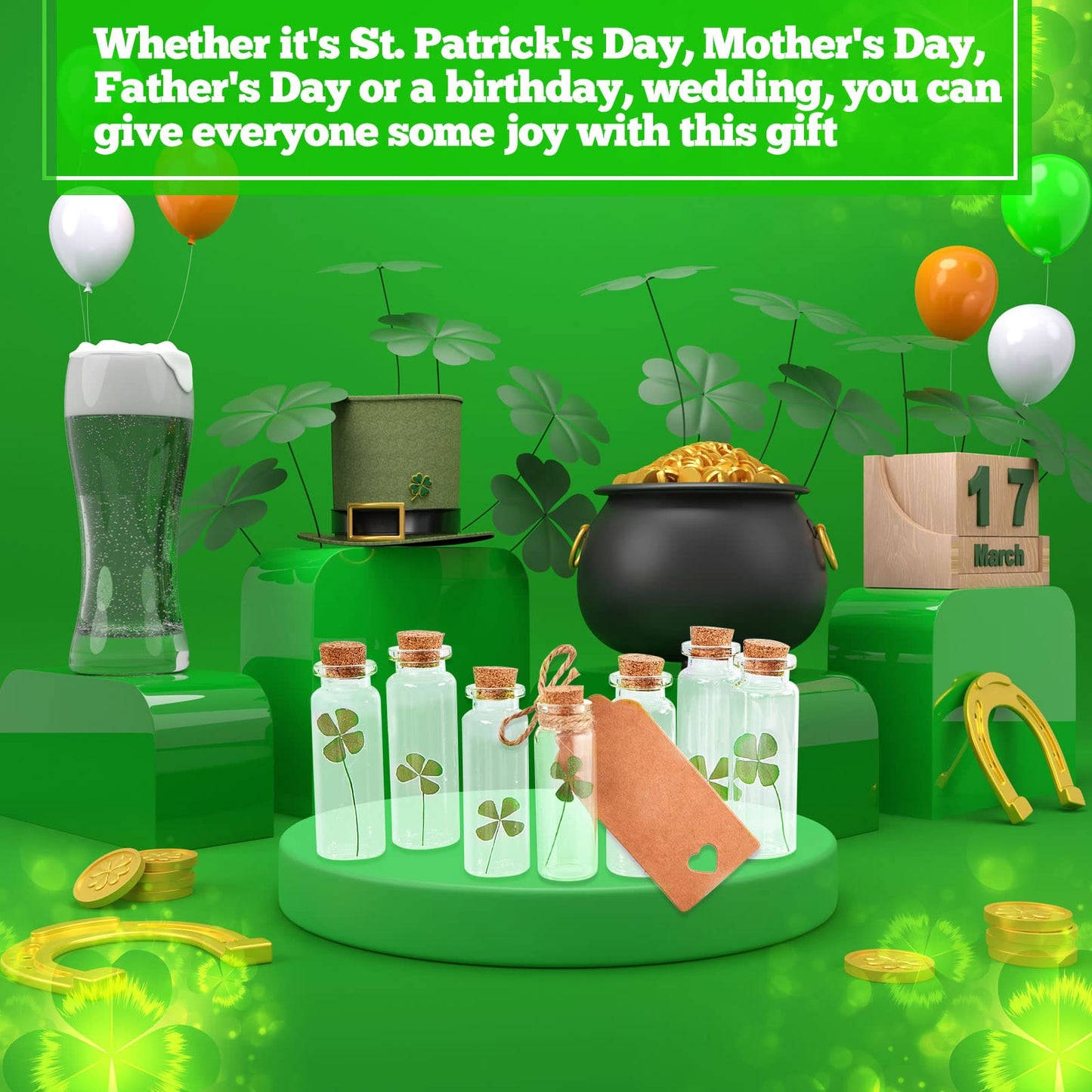 Cinnvoice 50 Sets St. Patrick's Day Cork Stoppers Glass Bottles Dried Pressed Four Leaf Clover Tiny Wishing Bottle Real Natural Four Leaf Clovers Mini Vials with Labels Ropes for DIY Crafts Wedding