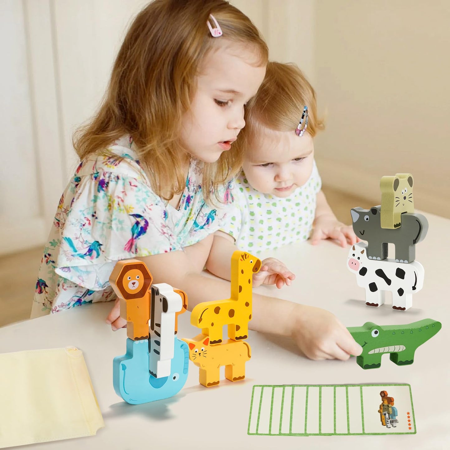 JugueteLand Wooden Animal Stacking Puzzle Toy, Educational Balancing Activity Toy for Kids, Wooden Zoo Animal Building Blocks Stacker & Bag, Stacking and Balance Toys for Toddlers 2-4 Years