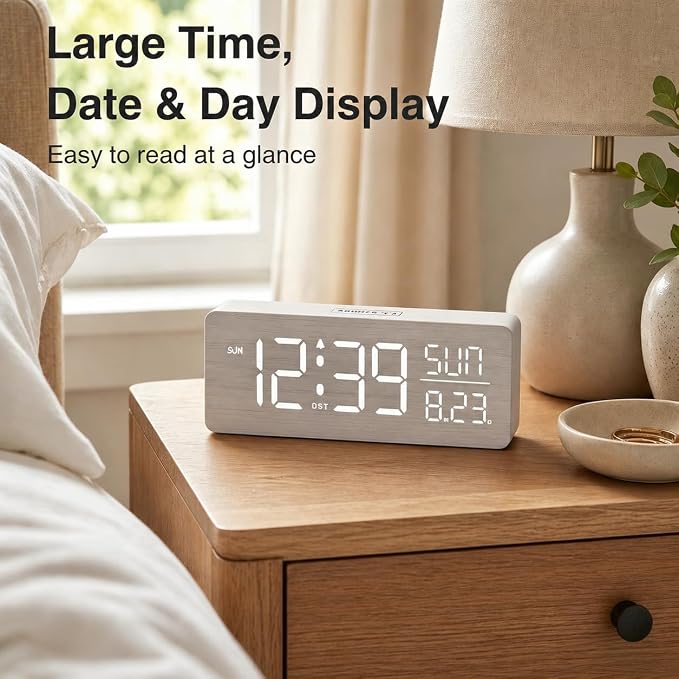 Peakeep Wooden Digital Alarm Clock Large Display, Textured Decoration