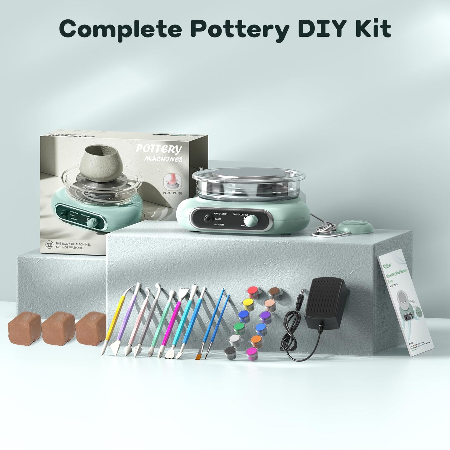Alldeer Pottery Wheel for Kids Teens Beginners - 4.7" Turntable Electric Mini Clay Wheel with Foot Pedal, Adjustable Speed Ceramic Making Machine with 8 Pottery Shaping Tools, Craft Kits