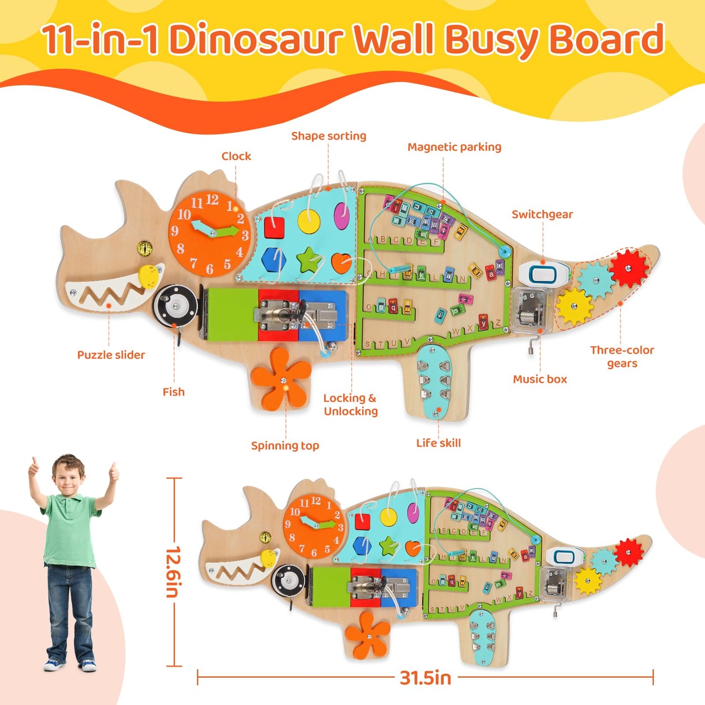 FIIOEOY Dinosaur Activity Wall Busy Board Panels, 11-in-1 Montessori Sensory Wall Panel for Kids, Toddler Learning Activity Center, Perfect for Playroom Daycare Nursery Classroom