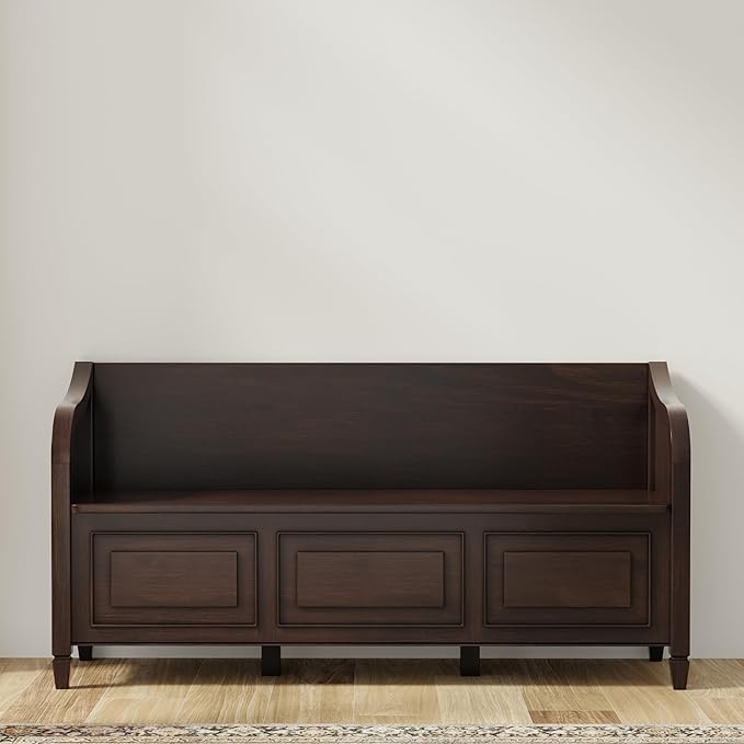 SIMPLIHOME Connaught Entryway Storage Bench - 56 inch Wide Solid Wood Wide Storage Seat in Chestnut Brown, Traditional Bench for Entryway or Living Room with Lift-Up Lid and Paneled Front