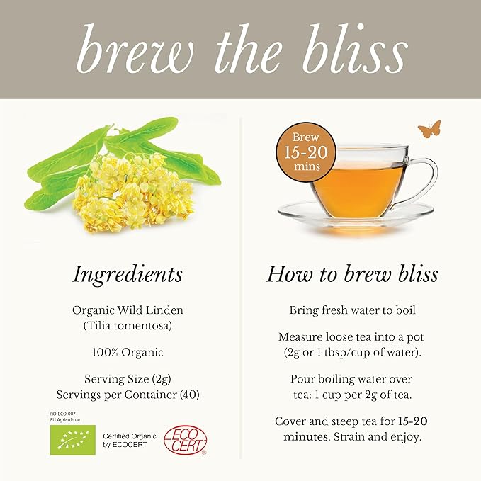 Wild Bliss Organic Linden Flower Tea - Caffeine Free Loose Leaf Calming Herbal Tea - 1.76 Ounces - 40 Servings