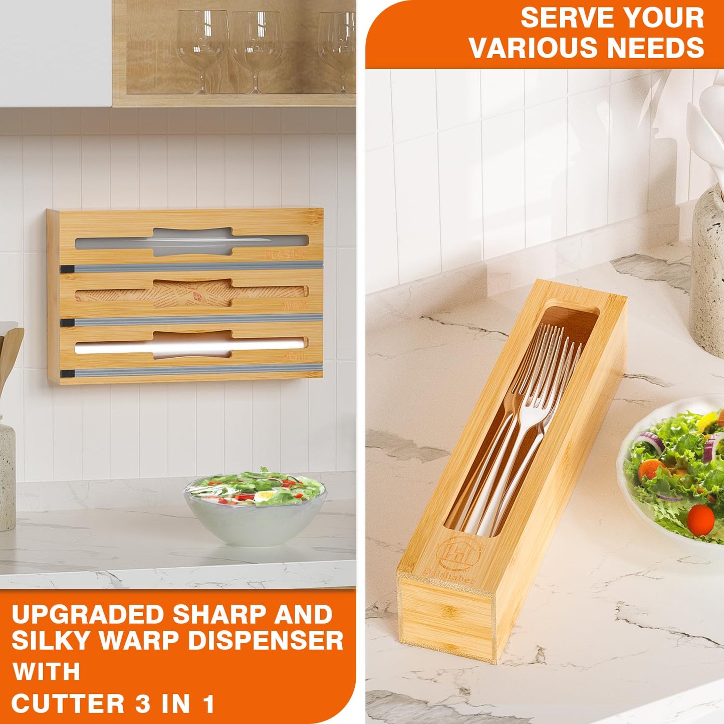 DALSHABET 9 IN1 Bamboo Storage Bag Drawer Organizer with Cutter, Foil and Plastic Wrap Dispenser for Kitchen Storage Compatible with All Brands Gallon, Quart, Sandwich & Snack Size Bags - Beige