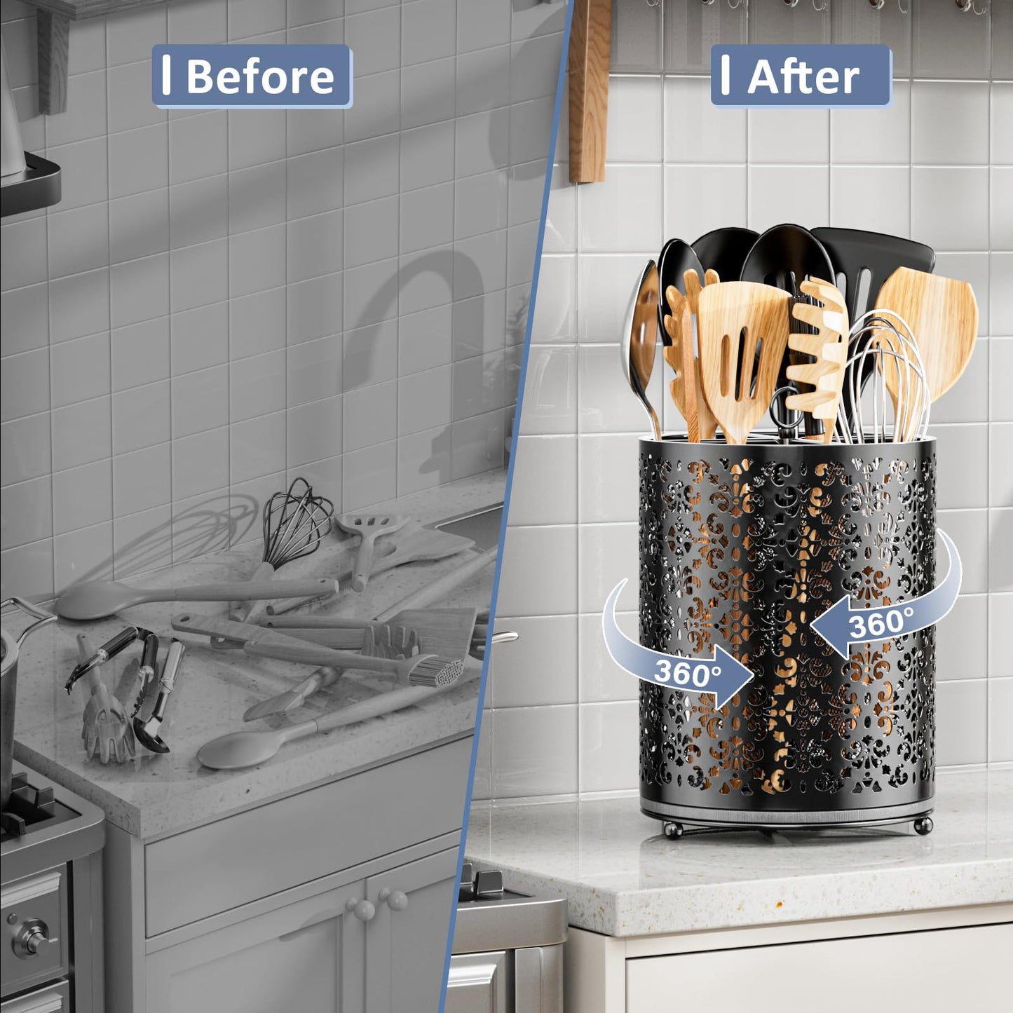 YIUKEA 360° Rotating Utensil Holder - Extra Large Cooking Utensils Caddy Counter Organizer with Instant-Dry and Removable Base for Kitchen Tools