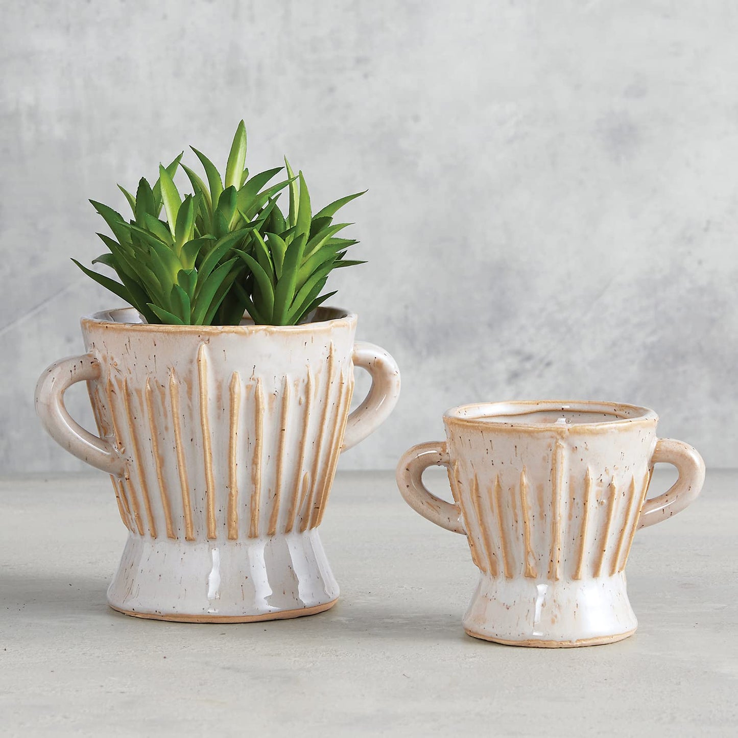 47th & Main Textured White Glazed Ceramic Planter with Handles for Flowers Small Plants Succulents and More, Large, Stripes