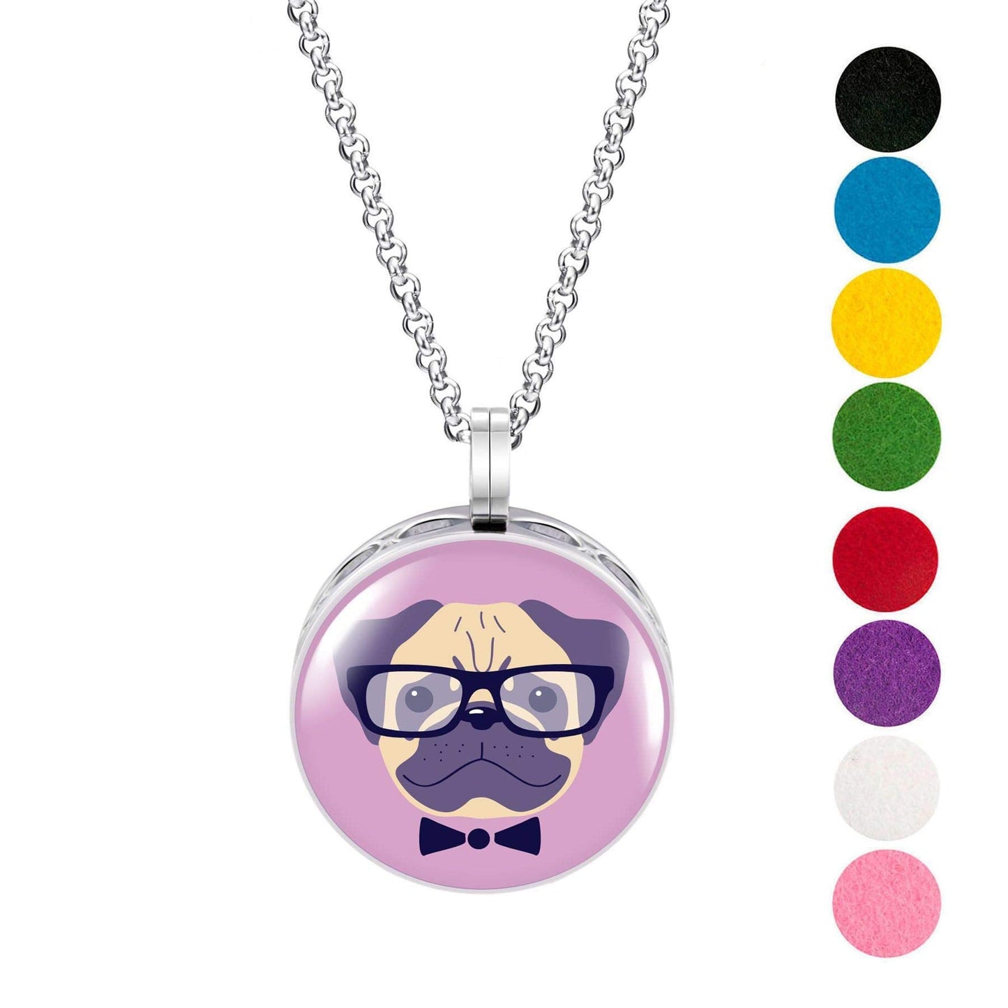 Wild Essentials Pug Enamel Finish Essential Oil Diffuser Necklace Gift Set - Includes Aromatherapy Pendant, 24" Stainless Steel Chain, 8 Color Refill Pads