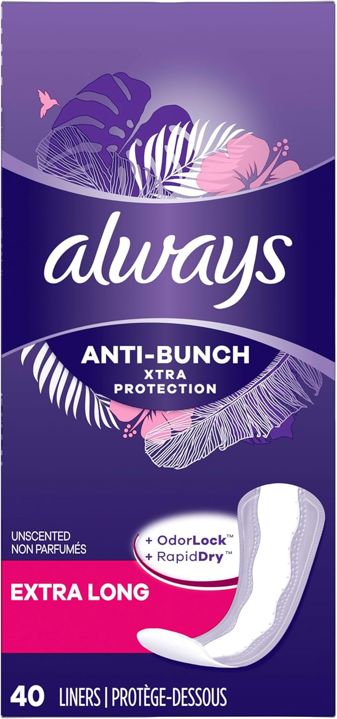 Always Anti-Bunch Xtra Protection Daily Liners Extra Long Unscented, Anti Bunch Helps You Feel Comfortable, 40 Count