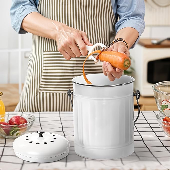 Plexon Countertop Compost Bin Kitchen with Lid, 1.5 Gallon Odorless Kitchen Compost Container, Steel Food Bucket with Charcoal Filter, Pail for Countertop, White