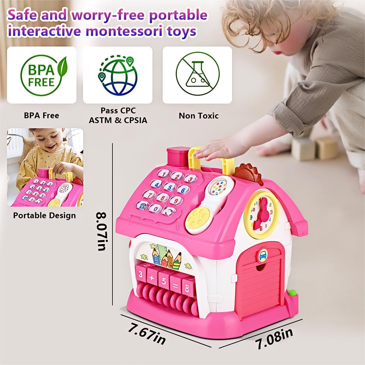 OKREVIEW Montessori 8-in-1 Bilingual Musical Activity House | EN/ES Learning Toy with Volume Control & Travel Handle | Develops Fine Motor Skills for 1-3 Year Old Toddlers & First Birthday Gift