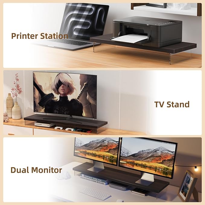 Dual Monitor Stand Riser, 40" Large Computer Monitor Stands for 2 Monitors, Wooden Desktop Organizer Shelf for Office Desk Computer, Laptop, TV, Monitor, Printer