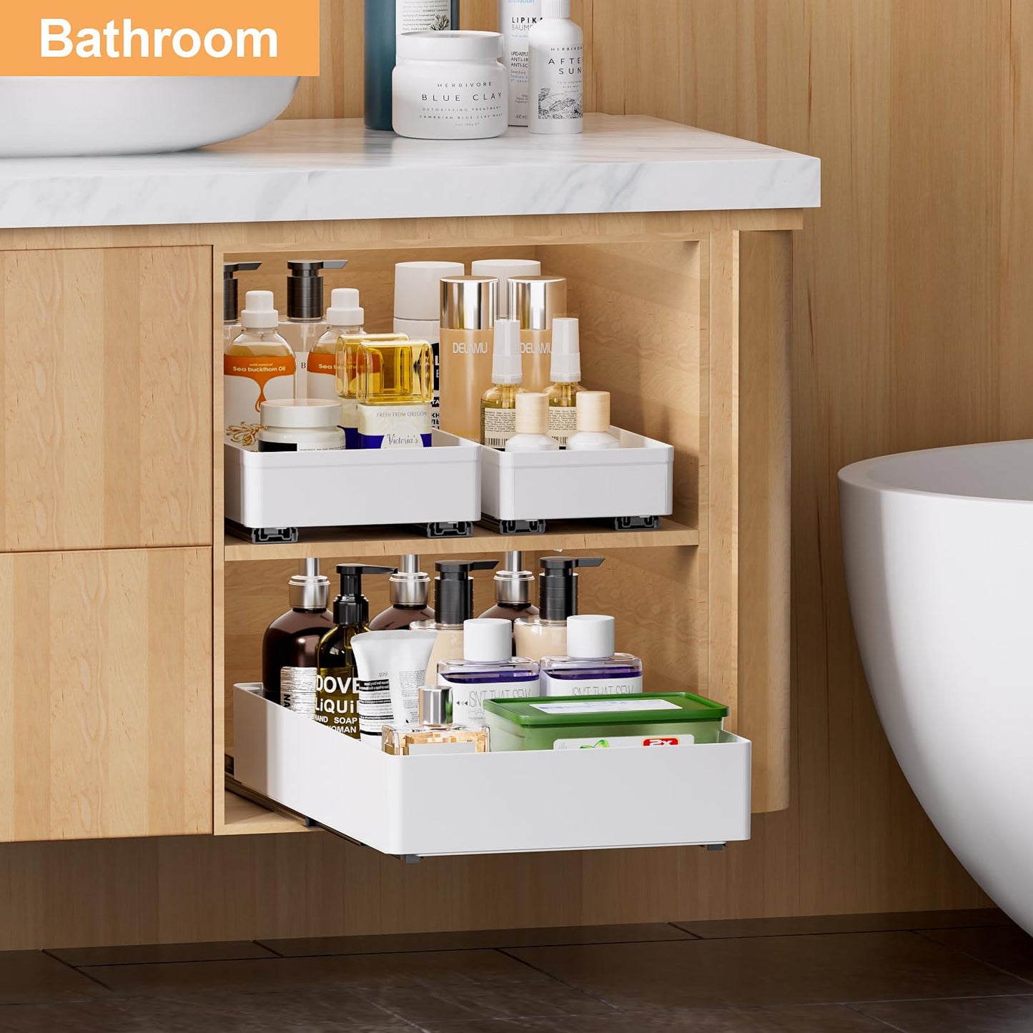 Delamu 3 Pack Pull Out Cabinet Organizer, 15.7"Deep Pull Out Drawers for Cabinets, Slide Out Drawers for Kitchen Cabinets, Bathroom Cabinet Organizer, Pantry (White)