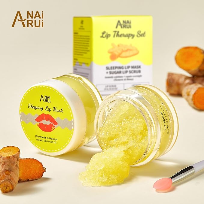 ANAI RUI Christmas Gifts For Girls, Lip Care Kit, Lip Sugar Scrub Set, Lip Sleeping Mask & Lip Exfoliator Scrub, Overnight Lip Treatment, Scrub & Moisturizer for Dry, Chapped, Cracked, Lips, Turmeric