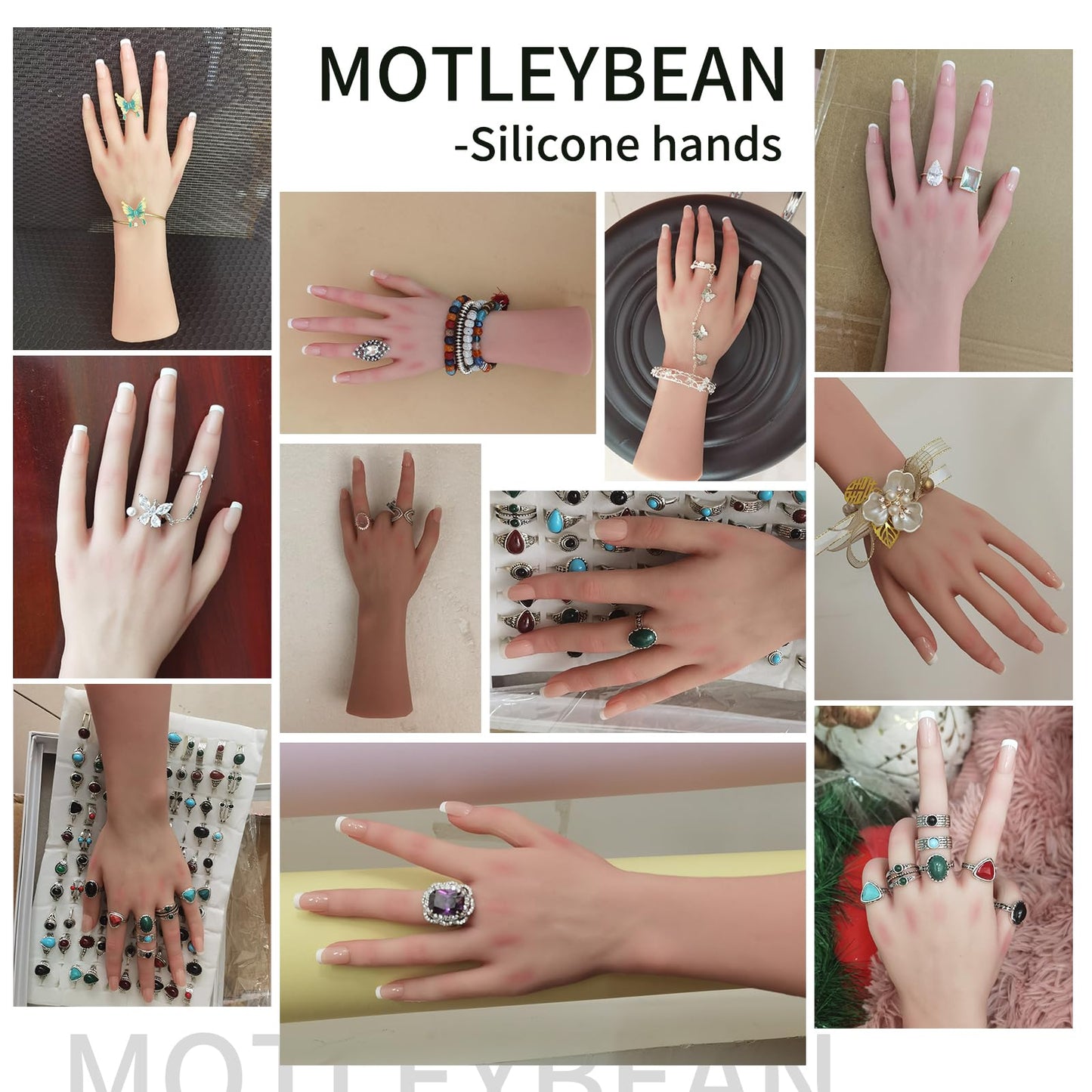 MOTLEYBEAN Realistic Silicone Female Hand Life Size Female Model Hand for Showing Jewelry Pranksters Halloween Props Photography Props (Nude,Right Hand-Without Skeleton)