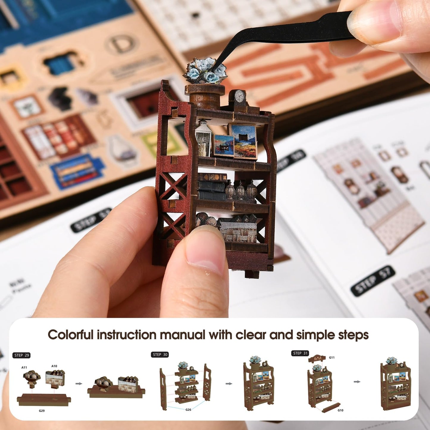 DIY Miniature Dollhouse Kit Book Nook Pergola Reading Room with LED Light, Wooden 3D Miniature House Craft Kit for Adults, Bookshelf Insert Decor