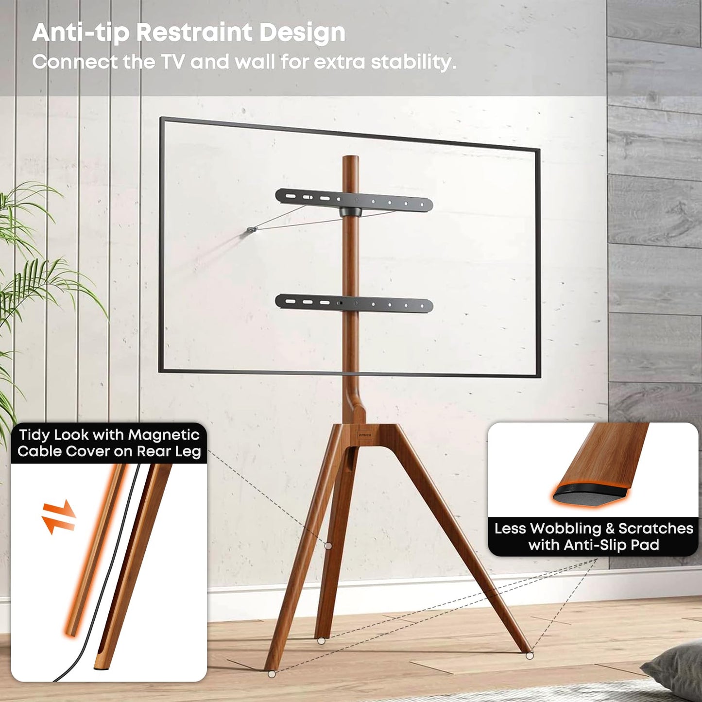 PUTORSEN Premium Wood Easel TV Stand, Adjustable TV Tripod Stand for 45-65 Inch LED LCD Screen, with Top TV Shelf and Magnetic Concealed Cable Management, Max Load 88lbs, Walnut